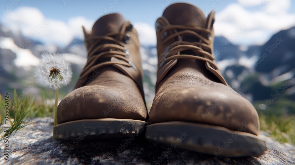 A tight shot of footwear with a dandelion in the foreground and mountains in the backdrop A tight shot of footwear with a dandelion in the foreground and mountains in the backdrop