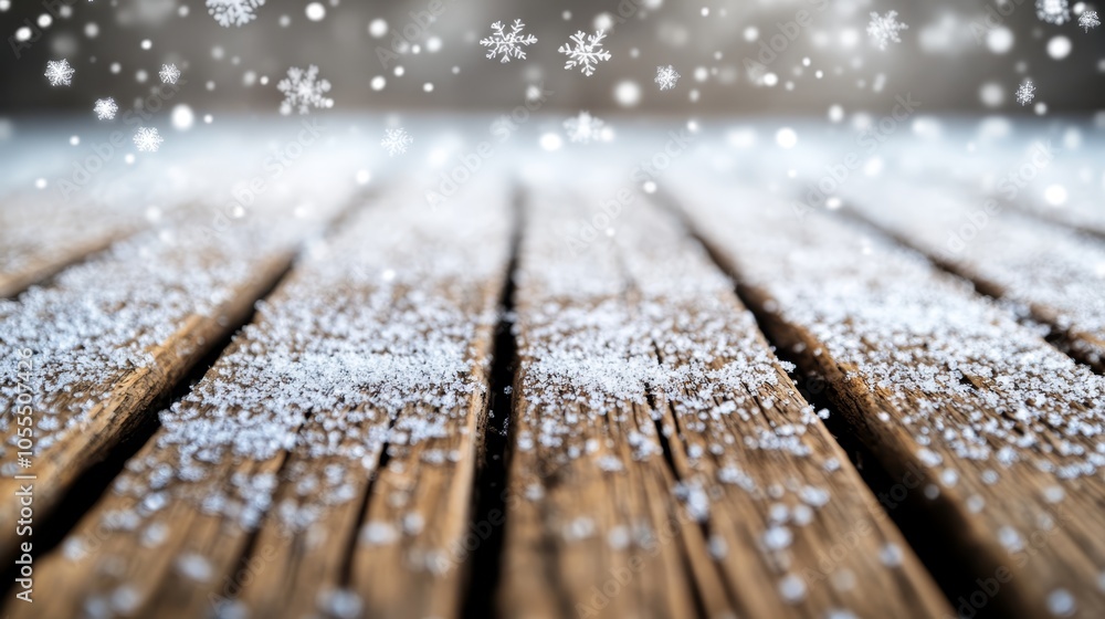 Fototapeta premium A wooden table, snow-covered, sits atop a frozen ground Snowflakes cascade onto it from above