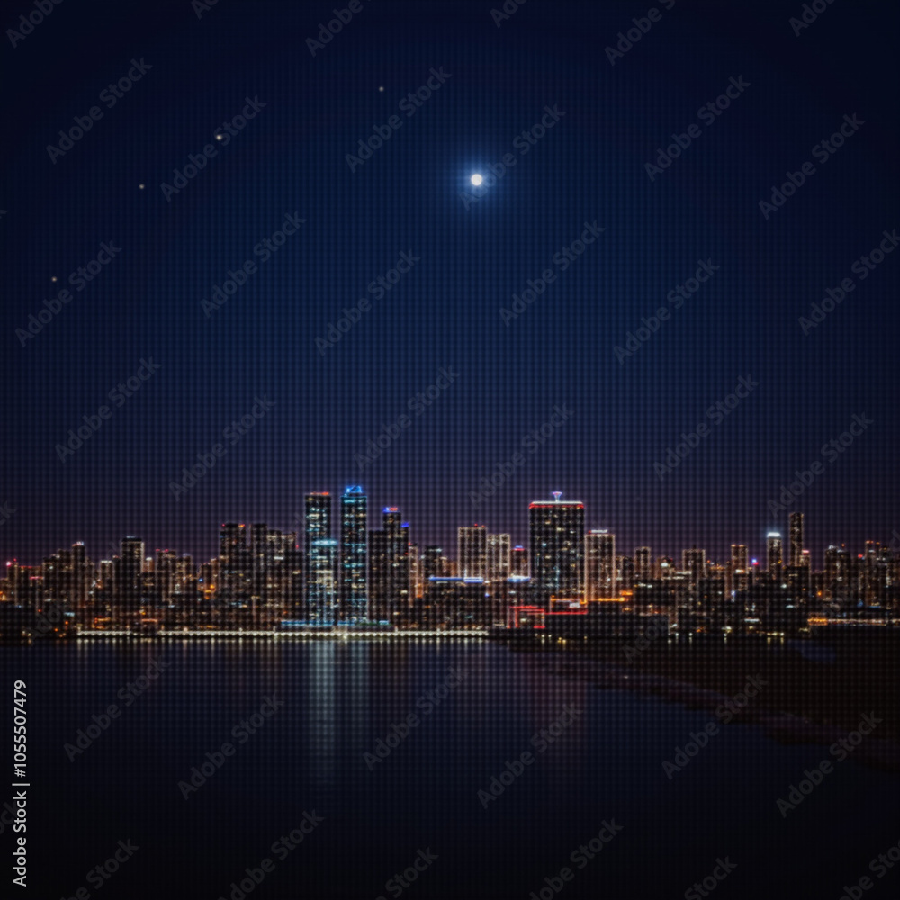 Fototapeta premium Cityscape Nighttime View with Moon and Stars
