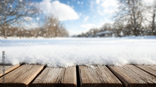 Wallpaper Mural  A wooden deck blanketed in snow against a backdrop of a clear, blue sky, adorned with falling snowflakes Torontodigital.ca