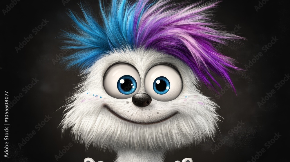 A tight shot of a furry creature with hair in shades of blue, purple, and white, flaunting a cheerful grin A tight shot of a furry creature with hair in shades of blue, purple, and white, flaunting a cheerful grin