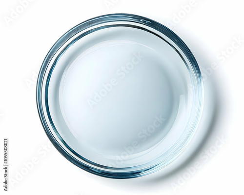 Transparent shiny glass plate with a clean minimalist design, isolated on white background 