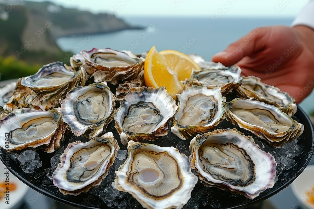 Fresh Oysters on Ice with Lemon Wedge on Black Plate Fresh Oysters on Ice with Lemon Wedge on Black Plate