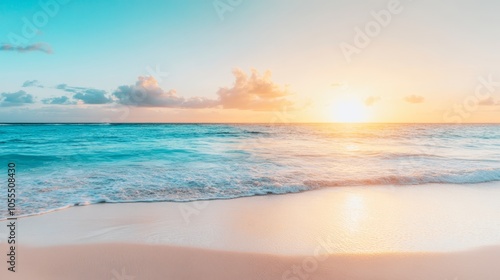  The sun sets over the ocean, waves crash onto the sandy beach, and a boat is visible in the distance