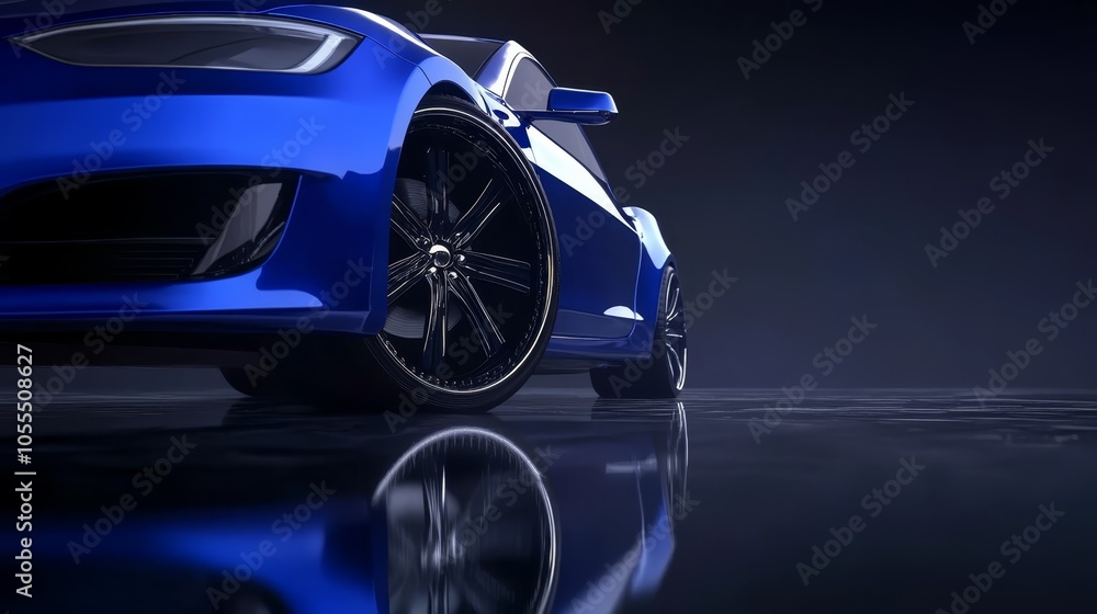 Naklejka premium A blue sports car's front end reflects on a shiny surface, its mirrored image visible on the floor beneath it