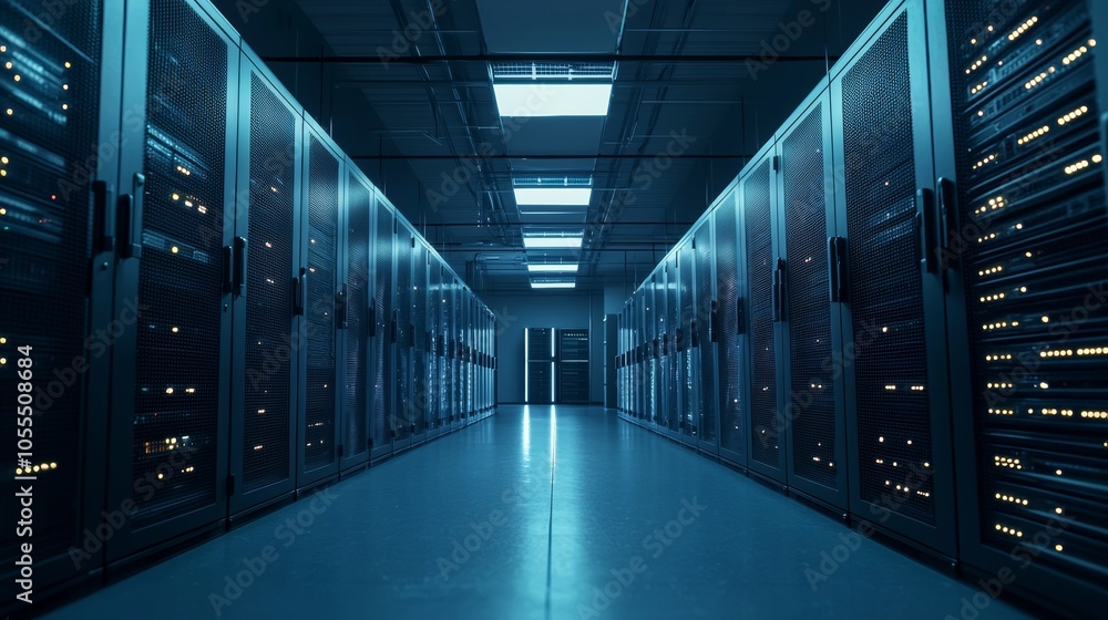 Empty futuristic data center with rows of server racks Empty futuristic data center with rows of server racks