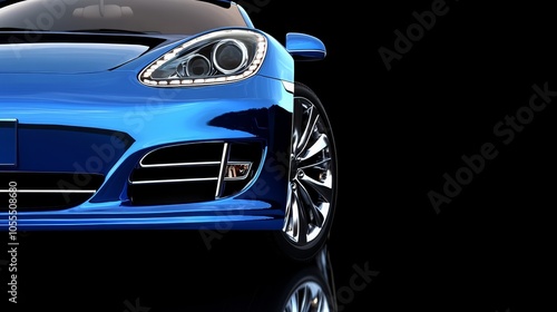  A blue sports car, shot in close-up against a black backdrop The image features a clear reflection of the car's front end