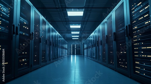 Empty futuristic data center with rows of server racks