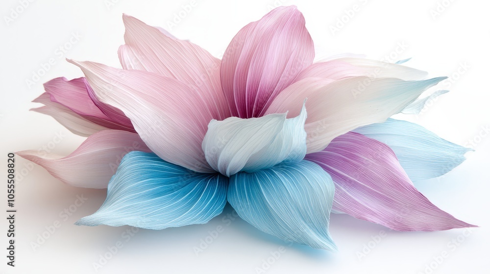 Two flowers, one pink and blue, and the other blue and pink, sit atop separate white tables Two flowers, one pink and blue, and the other blue and pink, sit atop separate white tables