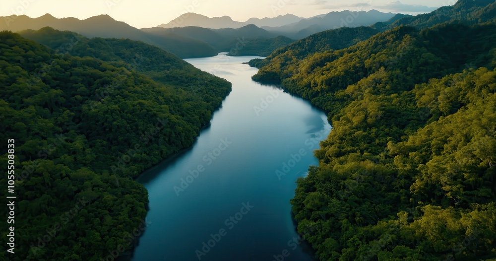 Breathtaking aerial view of a majestic mountainous landscape with a meandering river winding through lush verdant forests in a remote untouched natural paradise This serene Breathtaking aerial view of a majestic mountainous landscape with a meandering river winding through lush verdant forests in a remote untouched natural paradise This serene