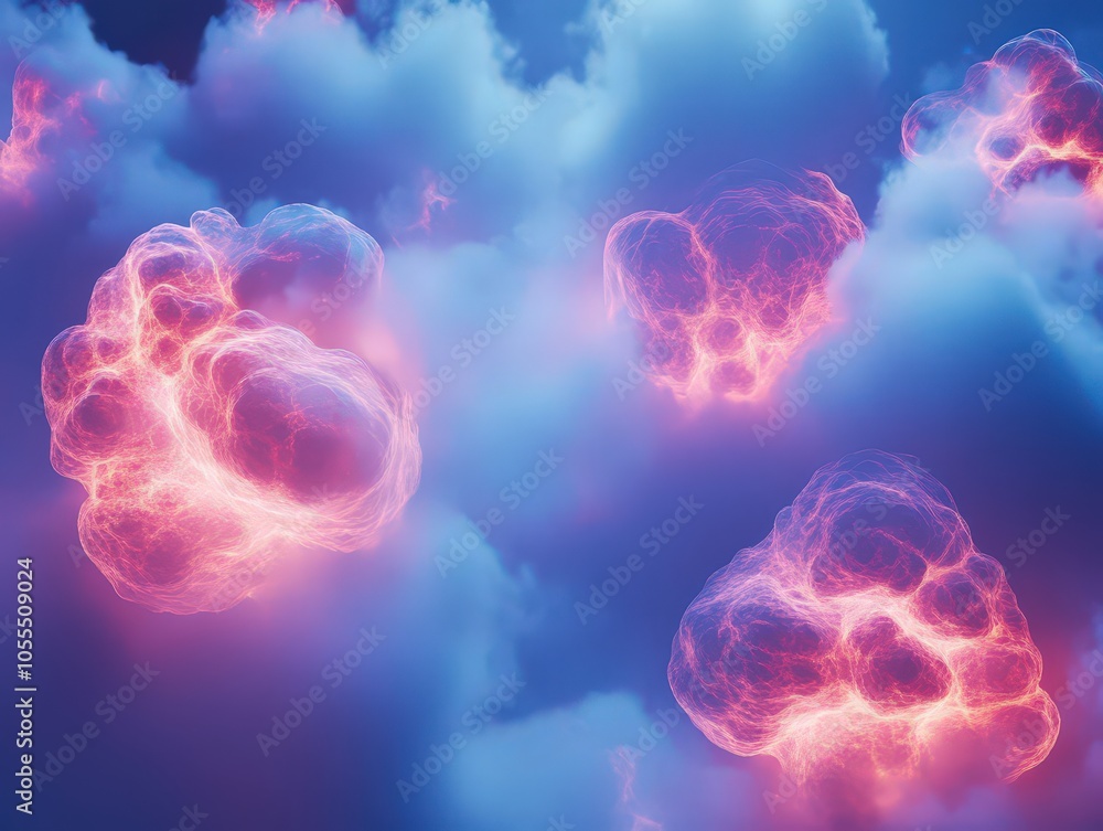 Ethereal clouds illuminated with pink and purple hues, creating a dreamy, surreal atmosphere in the sky. Ethereal clouds illuminated with pink and purple hues, creating a dreamy, surreal atmosphere in the sky.