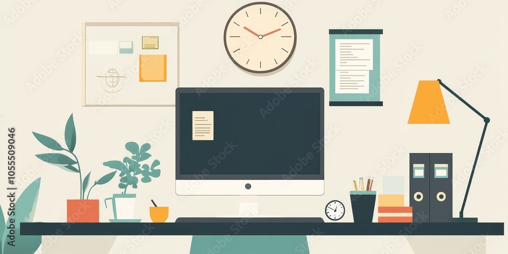 A modern workspace with a desk, computer, files, coffee, and reminders. It's organized and has a lamp and plant for a cozy feel. A clock and picture on the wall complete the scene. A modern workspace with a desk, computer, files, coffee, and reminders. It's organized and has a lamp and plant for a cozy feel. A clock and picture on the wall complete the scene.