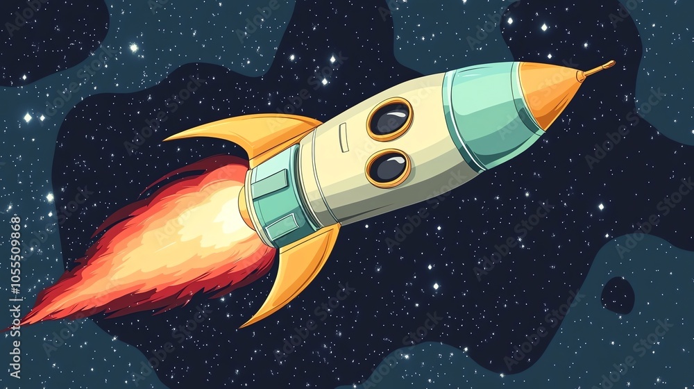 A cartoon rocket ship blasting off into space. A cartoon rocket ship blasting off into space.