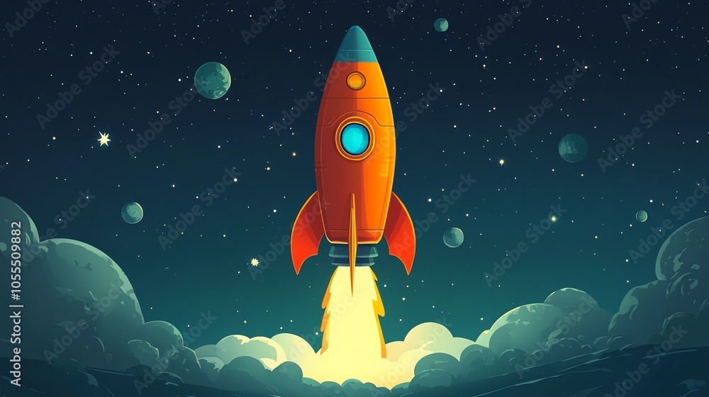 A cartoon rocket ship blasting off into space. A cartoon rocket ship blasting off into space.