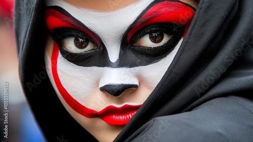  A tight shot of a woman's face adorned with a black-and-white mask and red-and-white face paint