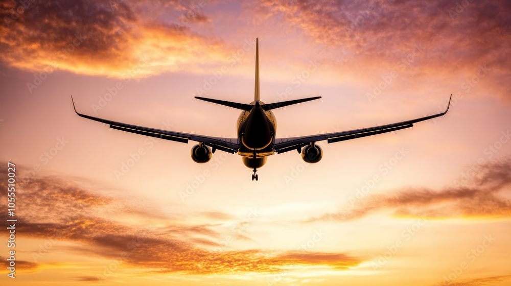 A large jetliner flies through cloudy skies above a sun-lit horizon, with a smaller plane in the foreground A large jetliner flies through cloudy skies above a sun-lit horizon, with a smaller plane in the foreground