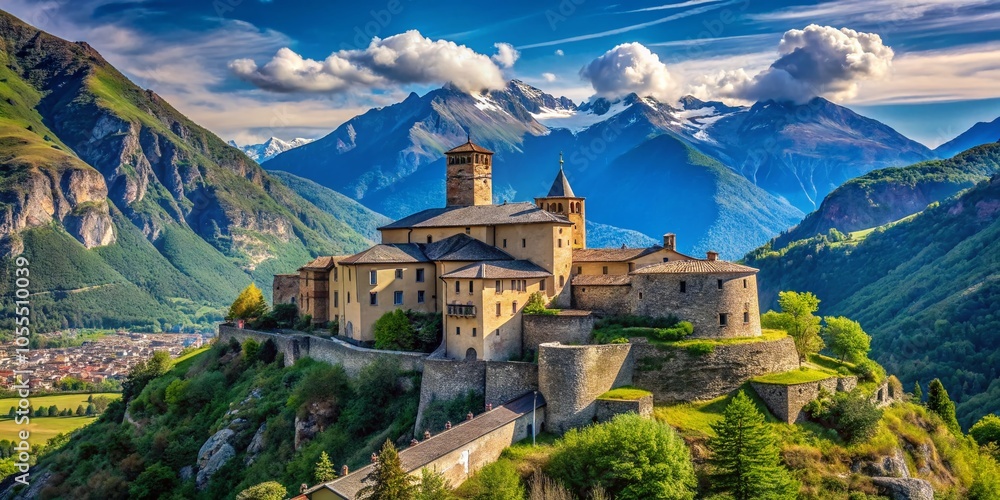 Panoramic View of Castle of Sarriod de La Tour in Aosta Valley, Majestic Mountain Backdrop, Historic Architecture, Panoramic View of Castle of Sarriod de La Tour in Aosta Valley, Majestic Mountain Backdrop, Historic Architecture,
