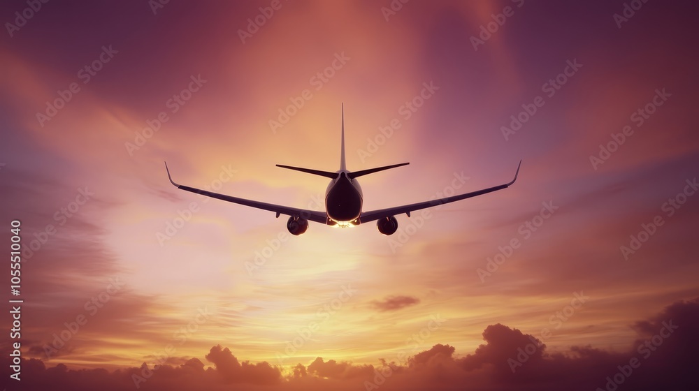 A large jetliner flies through a cloudy sky over a field of grass A large jetliner flies through a cloudy sky over a field of grass
