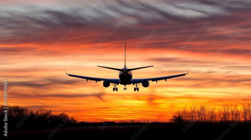 A large jetliner flies through cloudy skies above a forest, approaching sunset, as another plane descends for landing A large jetliner flies through cloudy skies above a forest, approaching sunset, as another plane descends for landing