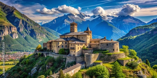 Panoramic View of Castle of Sarriod de La Tour in Aosta Valley, Majestic Mountain Backdrop, Historic Architecture,