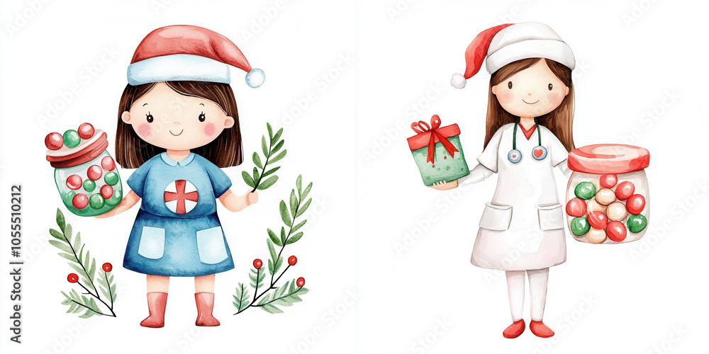 Two cheerful girls in Christmas hats hold jars of colorful ornaments and gifts, surrounded by festive greenery. Two cheerful girls in Christmas hats hold jars of colorful ornaments and gifts, surrounded by festive greenery.