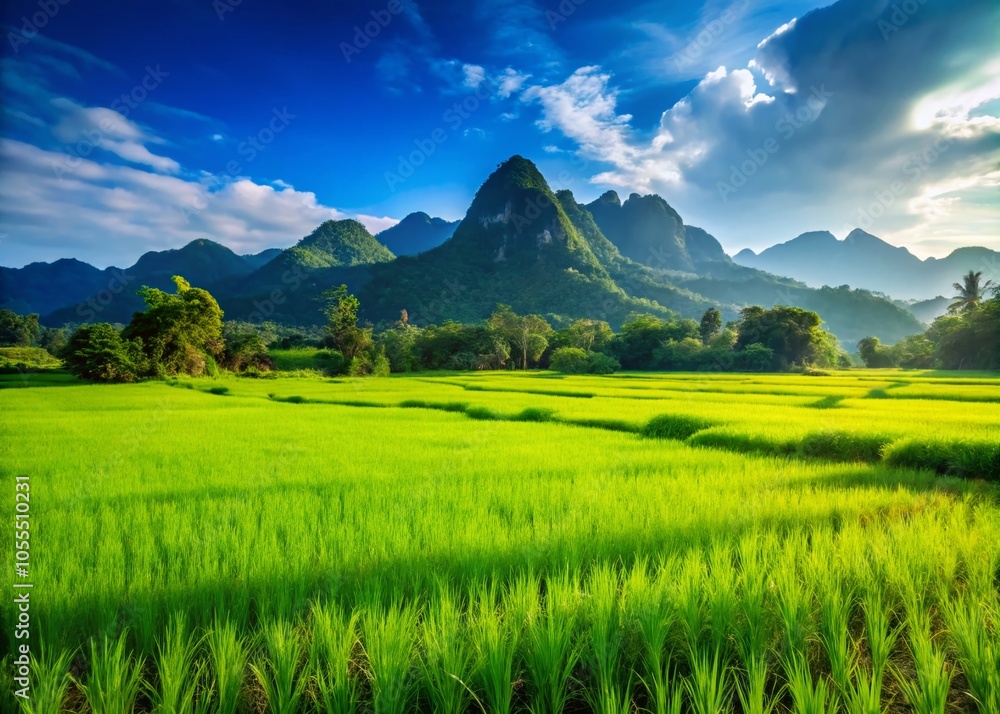 Panoramic View of Lush Green Rice Fields in Thailand's Nature Landscape Panoramic View of Lush Green Rice Fields in Thailand's Nature Landscape