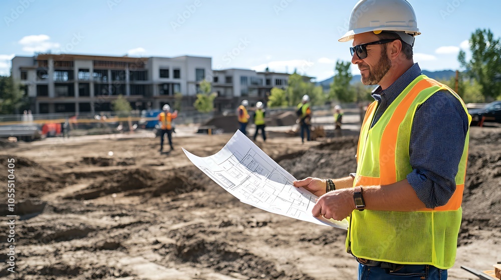An architect stands on a construction site wearing a hard hat and safety vest, reviewing building plans with workers in the background An architect stands on a construction site wearing a hard hat and safety vest, reviewing building plans with workers in the background