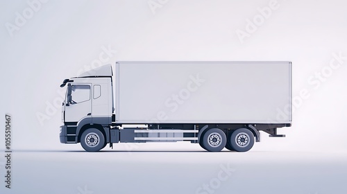 A side view of a white delivery truck on a minimalist background.