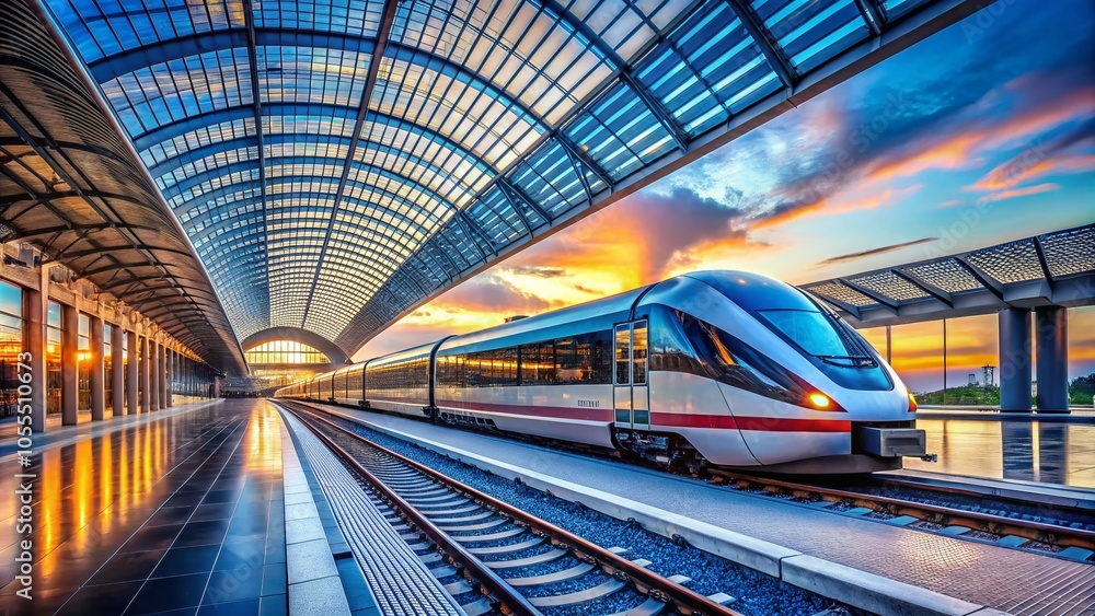 Obraz premium Passenger Train at Platform: Architectural Photography of Modern Train Station