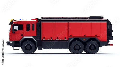 A side view of a red fire truck designed for emergency response and firefighting.