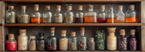 A rustic shelf filled with various jars of spices and herbs in natural light