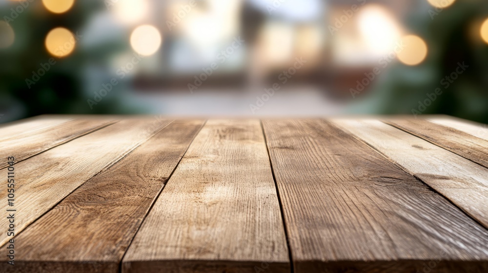 A tight shot of a weathered wood table, surrounded by a hazy backdrop of trees and twinkling lights A tight shot of a weathered wood table, surrounded by a hazy backdrop of trees and twinkling lights