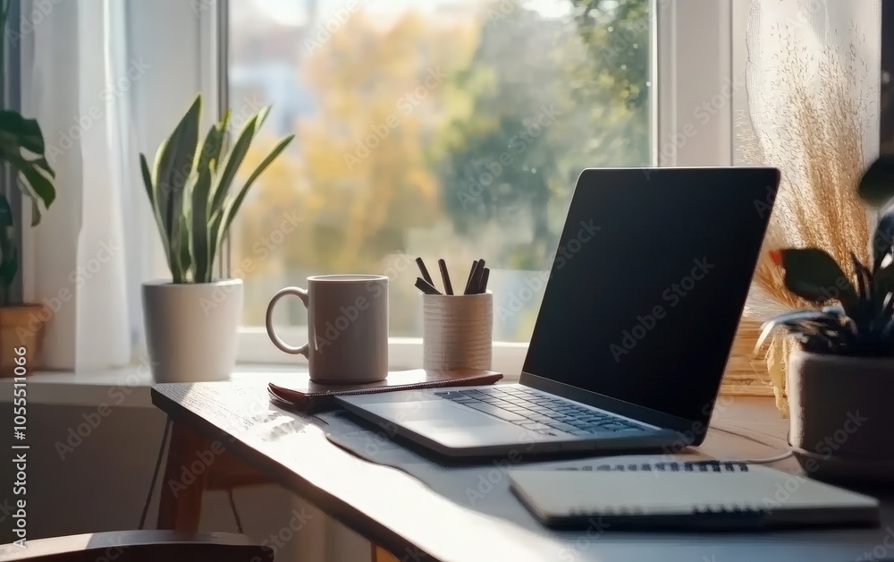 Work From Home Setup: Modern, minimalist home office setup with a laptop, coffee mug, and natural lighting, creating a cozy remote workspace Work From Home Setup: Modern, minimalist home office setup with a laptop, coffee mug, and natural lighting, creating a cozy remote workspace