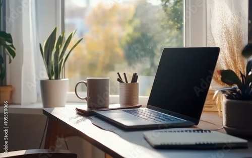 Wallpaper Mural Work From Home Setup: Modern, minimalist home office setup with a laptop, coffee mug, and natural lighting, creating a cozy remote workspace  Torontodigital.ca