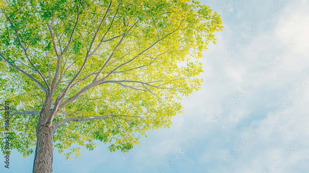 Majestic tree with fresh green leaves sprouting, symbolism of new growth, low angle shot, bright morning sky Majestic tree with fresh green leaves sprouting, symbolism of new growth, low angle shot, bright morning sky