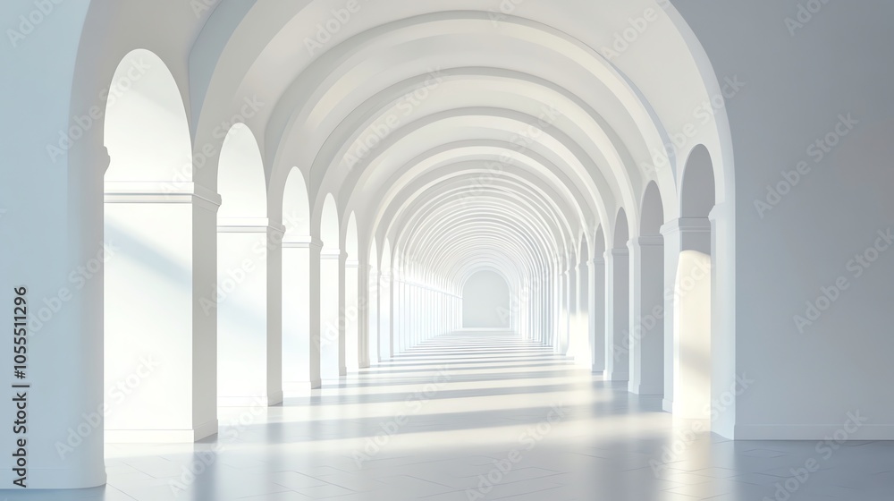 A long hallway with white arches leading to a view of the ocean. A long hallway with white arches leading to a view of the ocean.