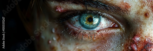 Intense close-up portrait of a human face with visible wounds,scars,and signs of trauma,expressing intense anguish,pain,and other powerful emotions. The image evokes a sense of struggle,vulnerability. photo