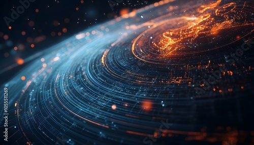 Abstract Digital Sphere with Glowing Orange Lines and Blue Lines