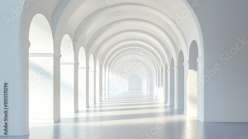 A long hallway with white arches leading to a view of the ocean.