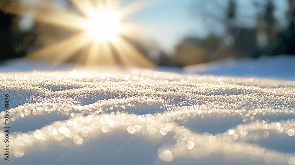 A tight shot of snow-covered ground Sun shines through trees beyond A tight shot of snow-covered ground Sun shines through trees beyond