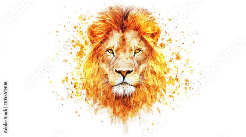 Low poly lion portrait with neon geometric patterns glowing in gold and orange hues on white background photo