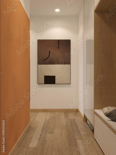 Modern Interior, Orange Wall, Warming with Boho Style, Mockup Frame, Wooden Floor, Mockup Photo Picture on thhe Wall in Lobby House, 3D Rendering photo