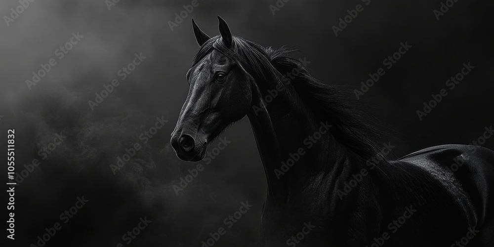 Obraz premium A sleek black horse stands out against a dark background.