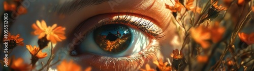 A close-up of a human eye reflecting nature, surrounded by vibrant orange flowers, symbolizing beauty and serenity.