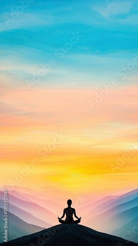 Serene sunrise over mountain peak, silhouette of person meditating, new year mindset, goaloriented, soft hues, hope in the air