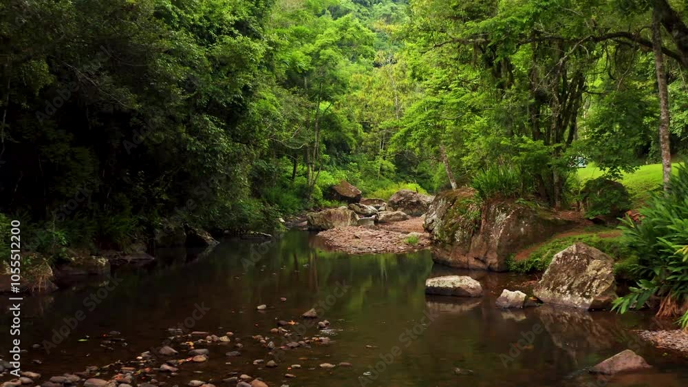 Aerial view of a tranquil river flowing through a lush forest with rocks and trees, Caxias do Sul, Brazil. Aerial view of a tranquil river flowing through a lush forest with rocks and trees, Caxias do Sul, Brazil.