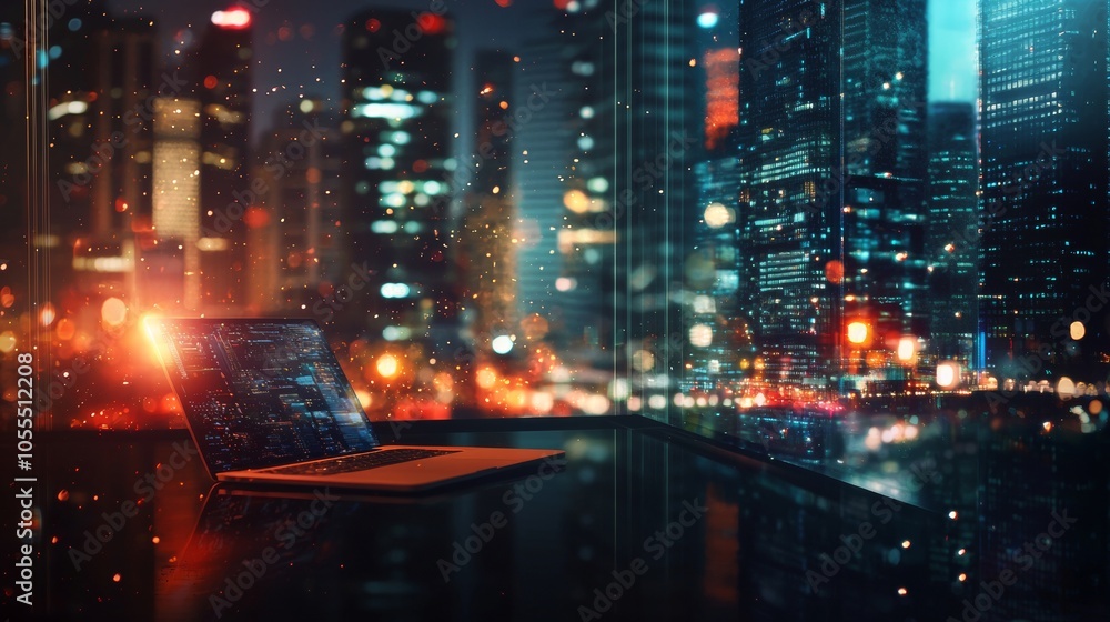 Fototapeta premium Laptop with code on screen in futuristic office at night