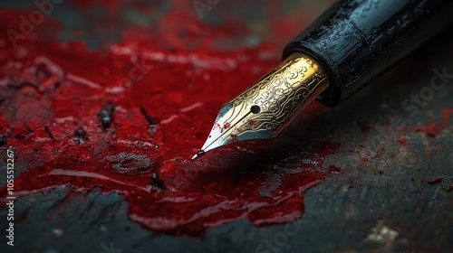 A close-up shot of a vintage fountain pen resting in vivid red ink, capturing the elegance and artistry of writing.