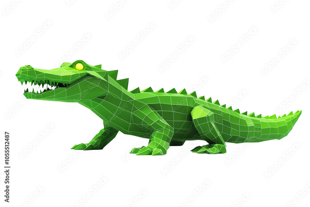 Crocodile with neon-green glowing scales, low poly on a white background Crocodile with neon-green glowing scales, low poly on a white background