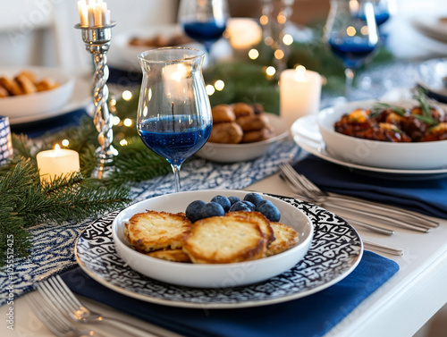 A beautifully set table with blue and silver Hanukkah decorations, featuring menorah candles, latkes, and festive foods. photo